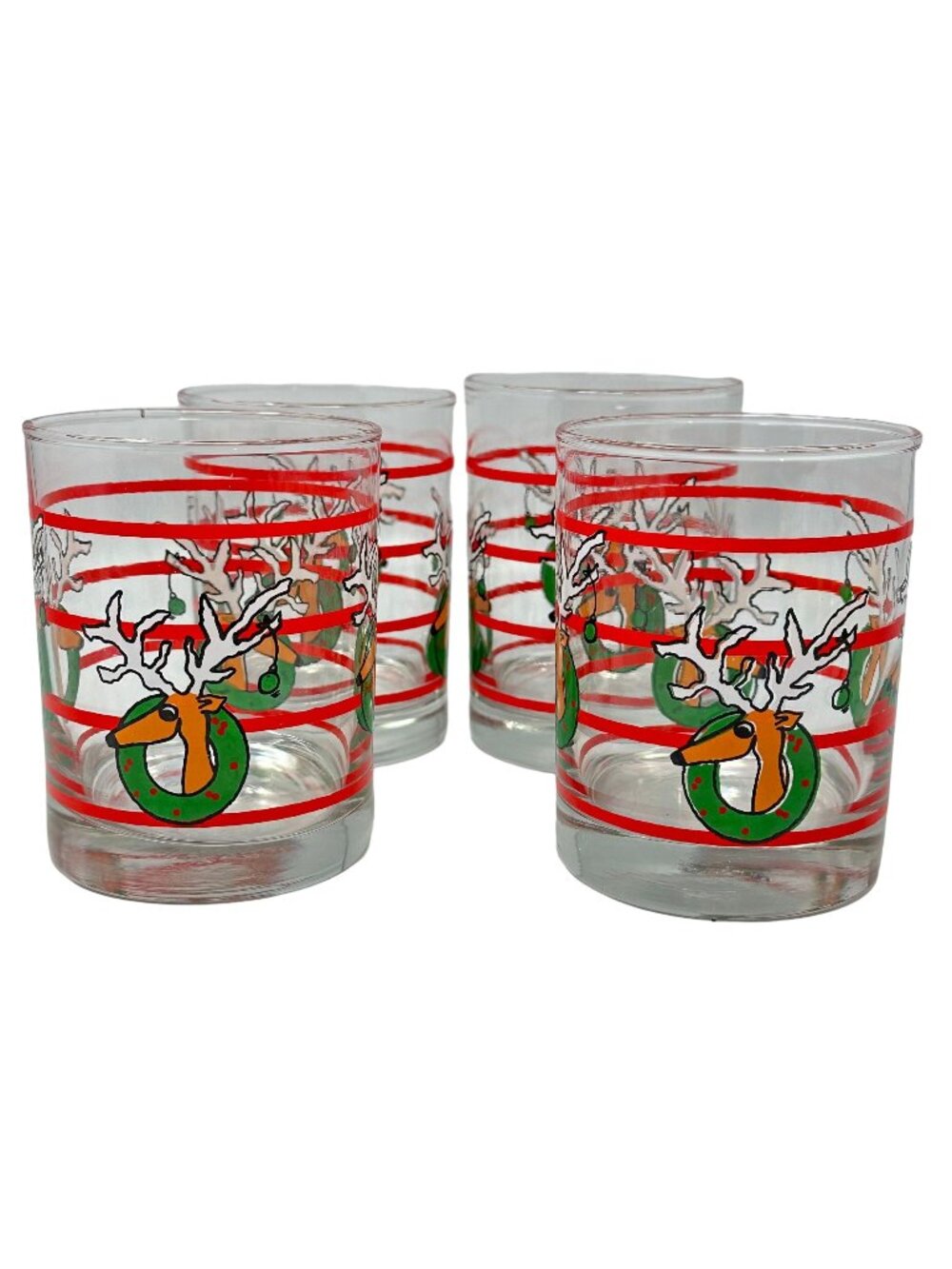 Vintage Libbey Christmas Old Fashioned Glasses Reindeer Wreath Tumblers 4 Pc